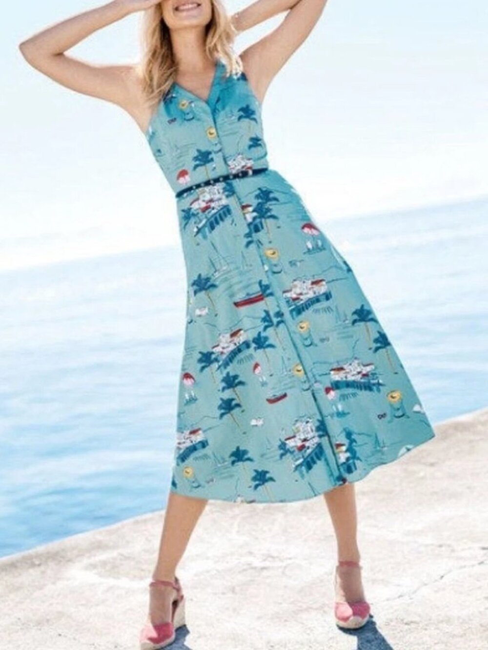 Boden Josephine Sleeveless A-Line Midi Dress Seaside Beach Vacation Print Medium